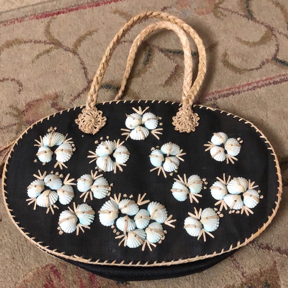 Vintage 1940s 40s Raffia Straw Charlot Purse Handbag w/Shells & Dangle P… - Picture 5 of 7